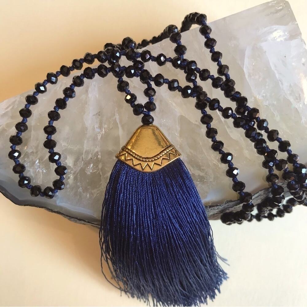 Hand Knotted Tassel Necklace in Black, Blue & Brass, 34”, Great Condition
